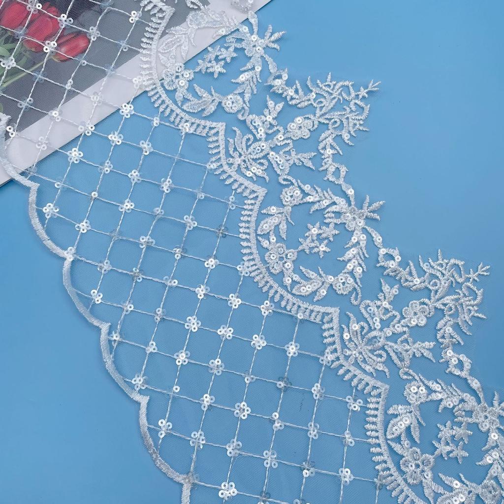 Mesh Embroidery Width 25Cm Plaid Beads Sequins Embroidery Dress Decorative Lace Accessories Sequins Lace