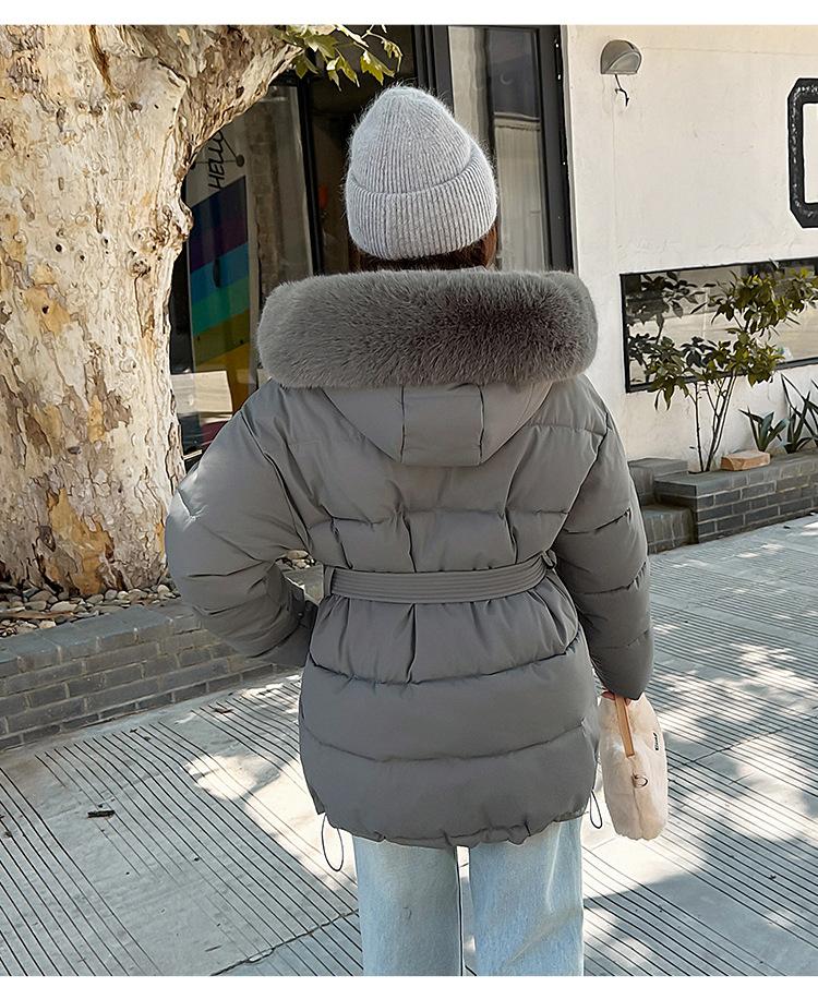 Women’s Short Big Fur Collar Hooded Windproof Thicken Warm Winter Jacket With Belt