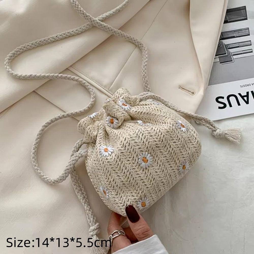 Fashion Rattan Straw Weave Bucket Bags Casual Small Beach Shoulder Bags Retro Handbags Totes Women Summer
