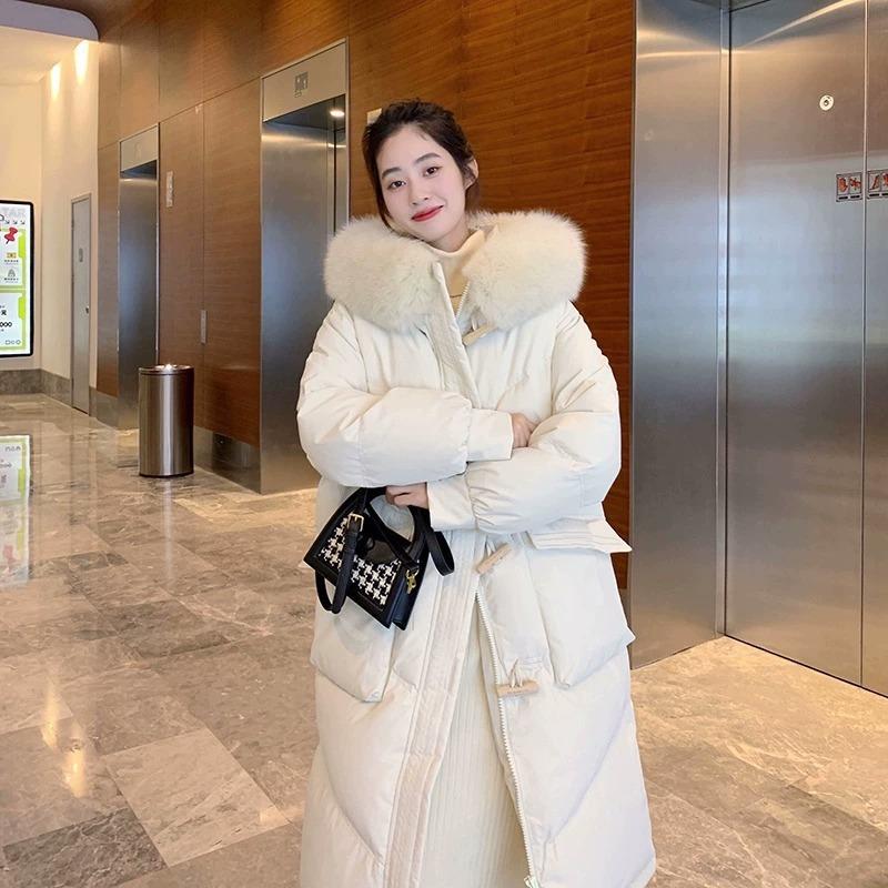Down jacket women's medium and long 2024 winter new fashion niche design sense white duck down thickened large fur collar jacket