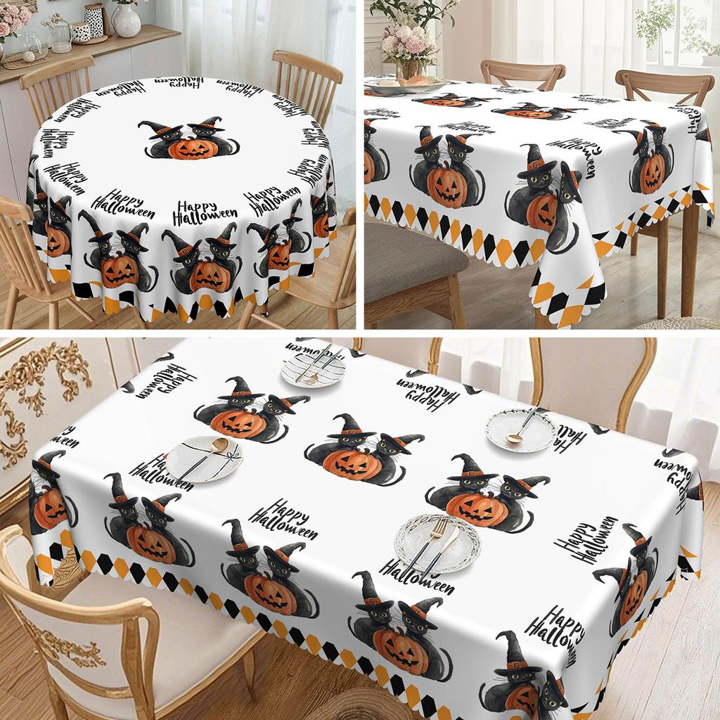 1 Halloween-Themed Tablecloth With Black Cat Pattern, Orange And Black Plaid, Suitable For Home And Kitchen Decoration
