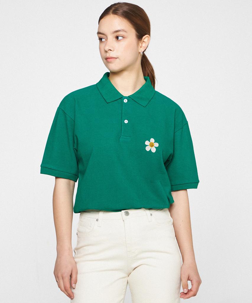 GRAVER [Unisex] Flower Embroidered Pique Short Sleeve T-Shirt_Green