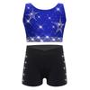 Dívčí gymnasticko-taneční set: Crop top tílko s kamínky, křížením na zádech a véčkem vpředu, s šortkami s elastickým pasem