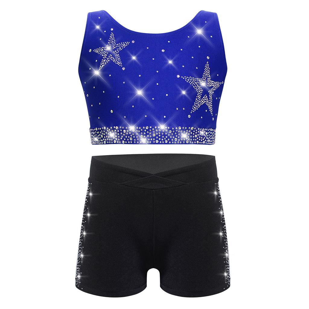 Dívčí gymnasticko-taneční set: Crop top tílko s kamínky, křížením na zádech a véčkem vpředu, s šortkami s elastickým pasem
