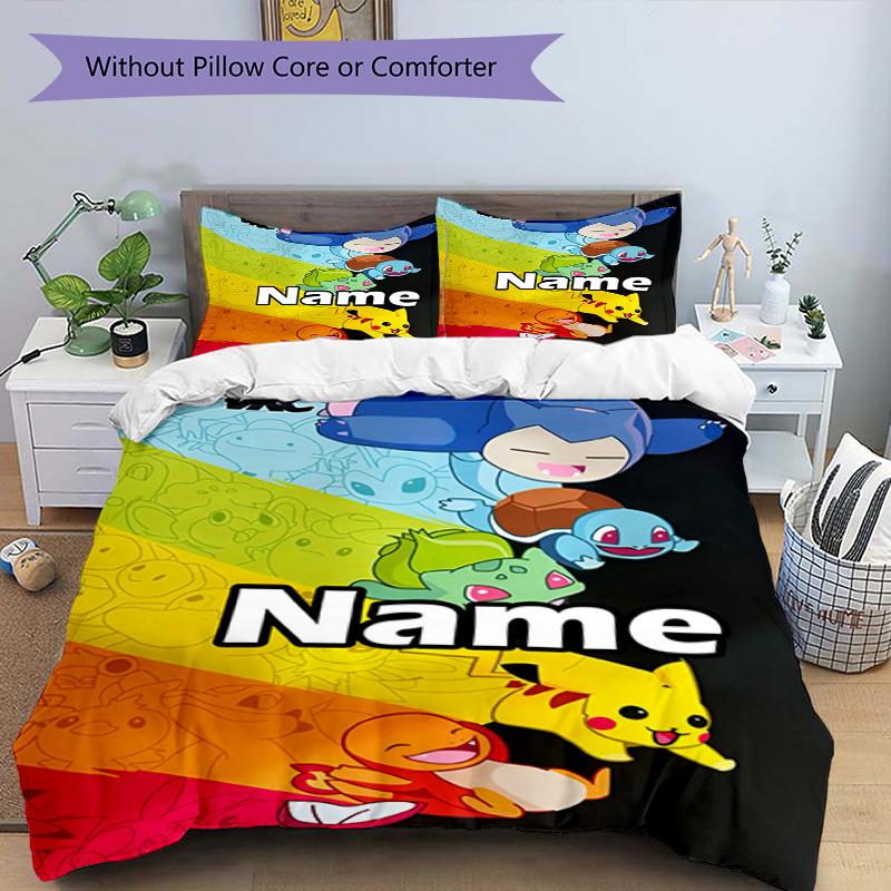 3-teiliges Bettbezug-Set (1 * Bettbezug + 2 * Kissenbezug, ohne Kern), Benutzerdefinierter Name Pokemon Muster Bettwäsche Set, Heim Schlafzimmer Dekor Geschenk