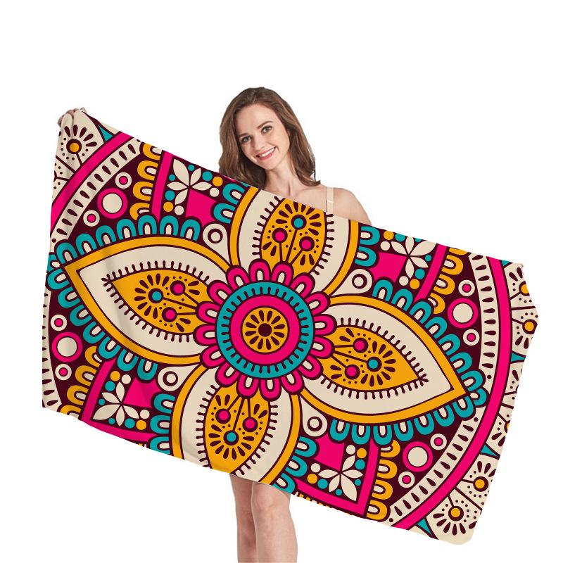 Ethnic Mandala Geometry Digital-printed Polyester Superfine Fiber Double-sided Fleece Beach Vacation Bath Towel, Beach Towel