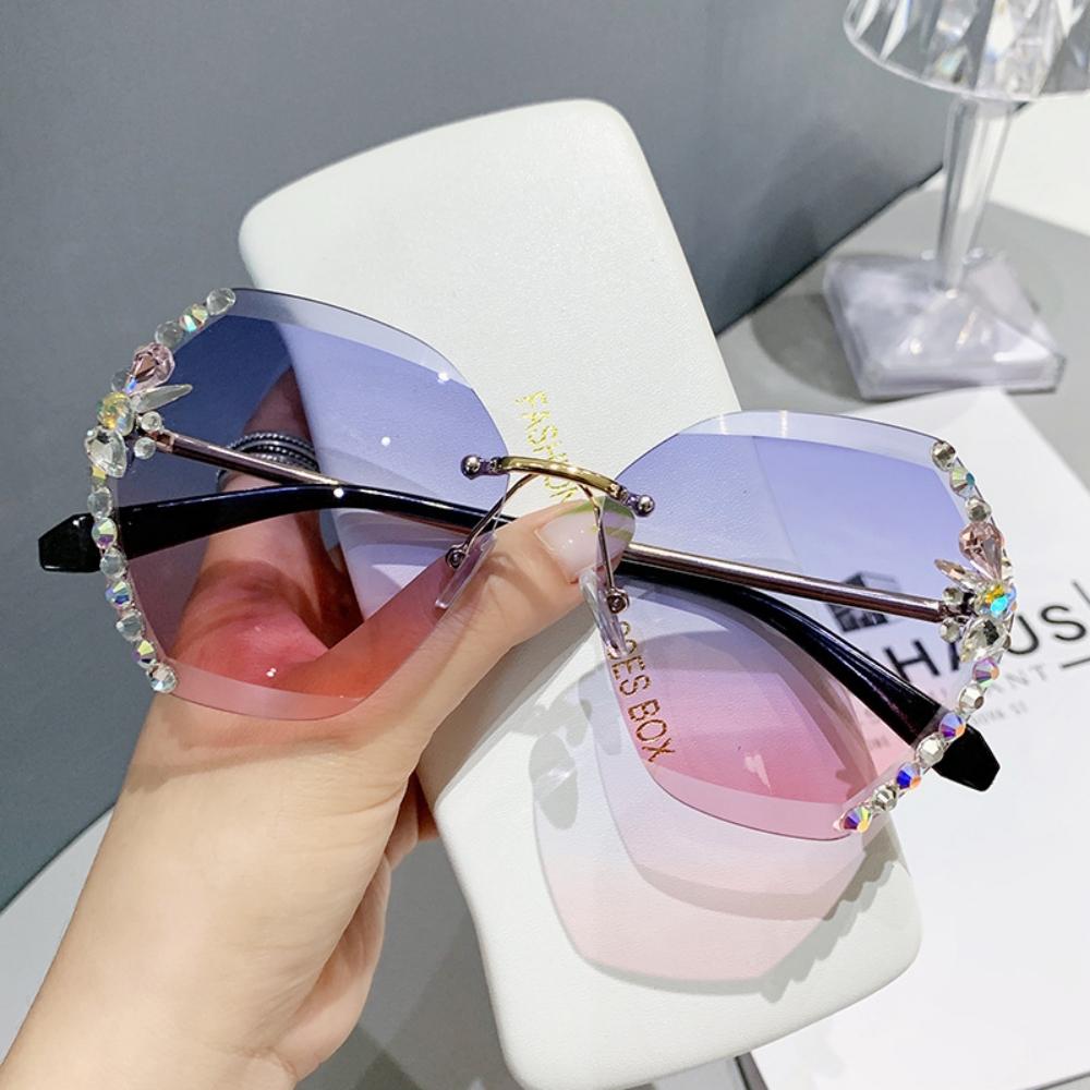 Retro Borderless Diamond Sunglasses for Women's UV Protection and Sunscreen Fashion Gradient Lens Sunglasses