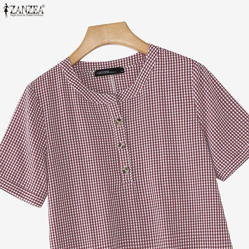 ZANZEA Women Plaid Print Casual V-Neck Summer Short Sleeve Dress