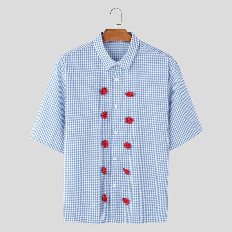 

INCERUN Мужские летние рубашки с воротником-лацканом и коротким рукавом в полоску с пуговицами и цветами 5XL синий