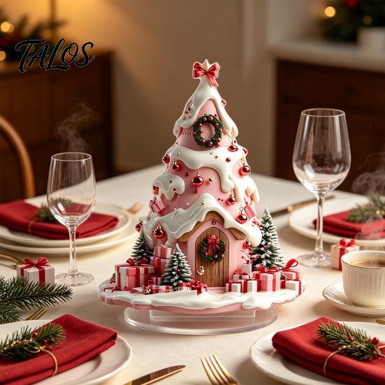 Colorful Acrylic Christmas Crafts Winter Tree Cottage Table Decoration, Double Sided Xmas Cabin Ornament Fairy Tale Igloo Decor with Stable