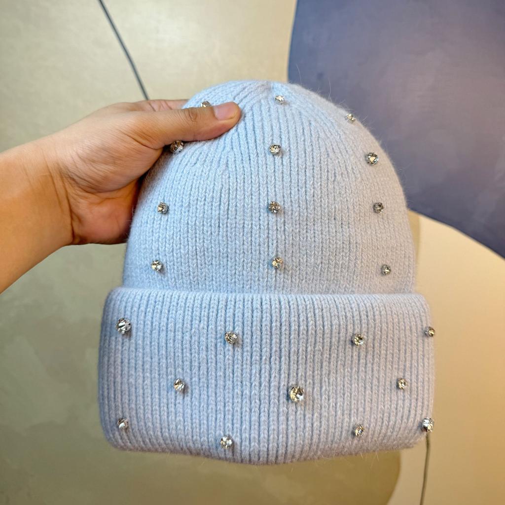 Hat Winter Women's New Korean Style Fashionable and Elegant Rhinestone Knitted Hat Street Style Rabbit Fur Warm Woolen Hat