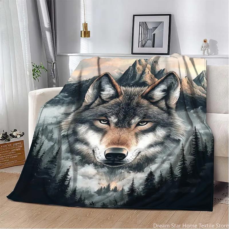 3D Animal Wolf Cute Cartoon Flannel Blanket Fluffy Children and Adults Sofa Plush Bedspread Throw Lunch Blanket for Sofa Bed