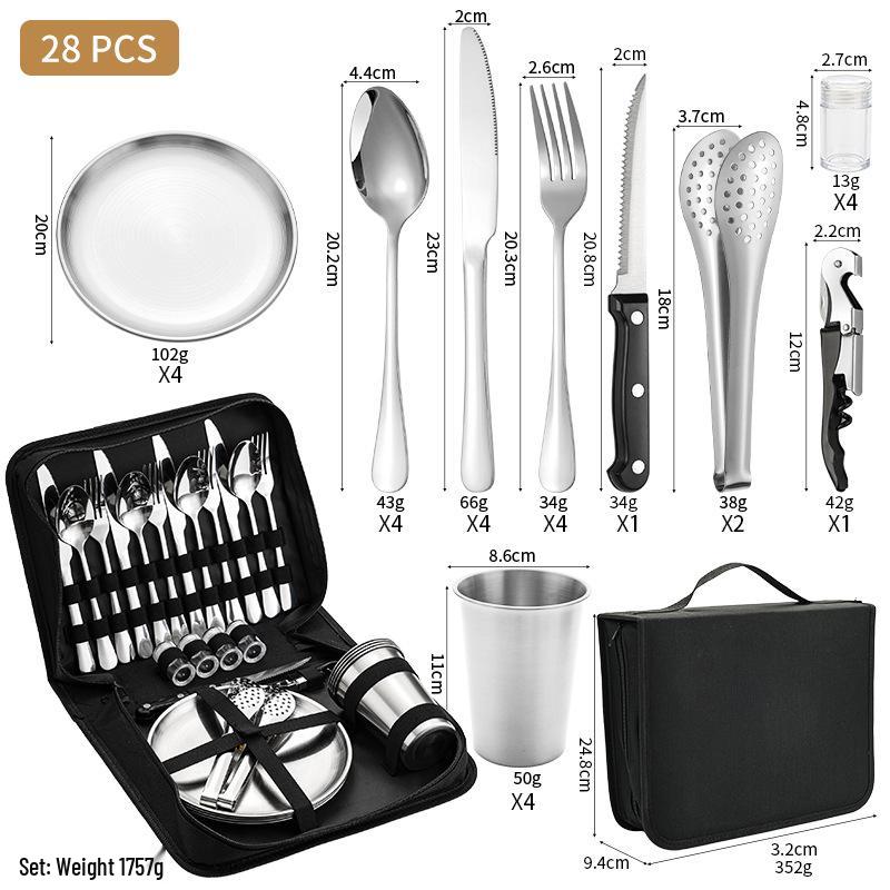 Stainless Steel Camping Cutlery Set: Knife, Fork, Spoon, Plate, Cup with Cloth Bag for Outdoor Use