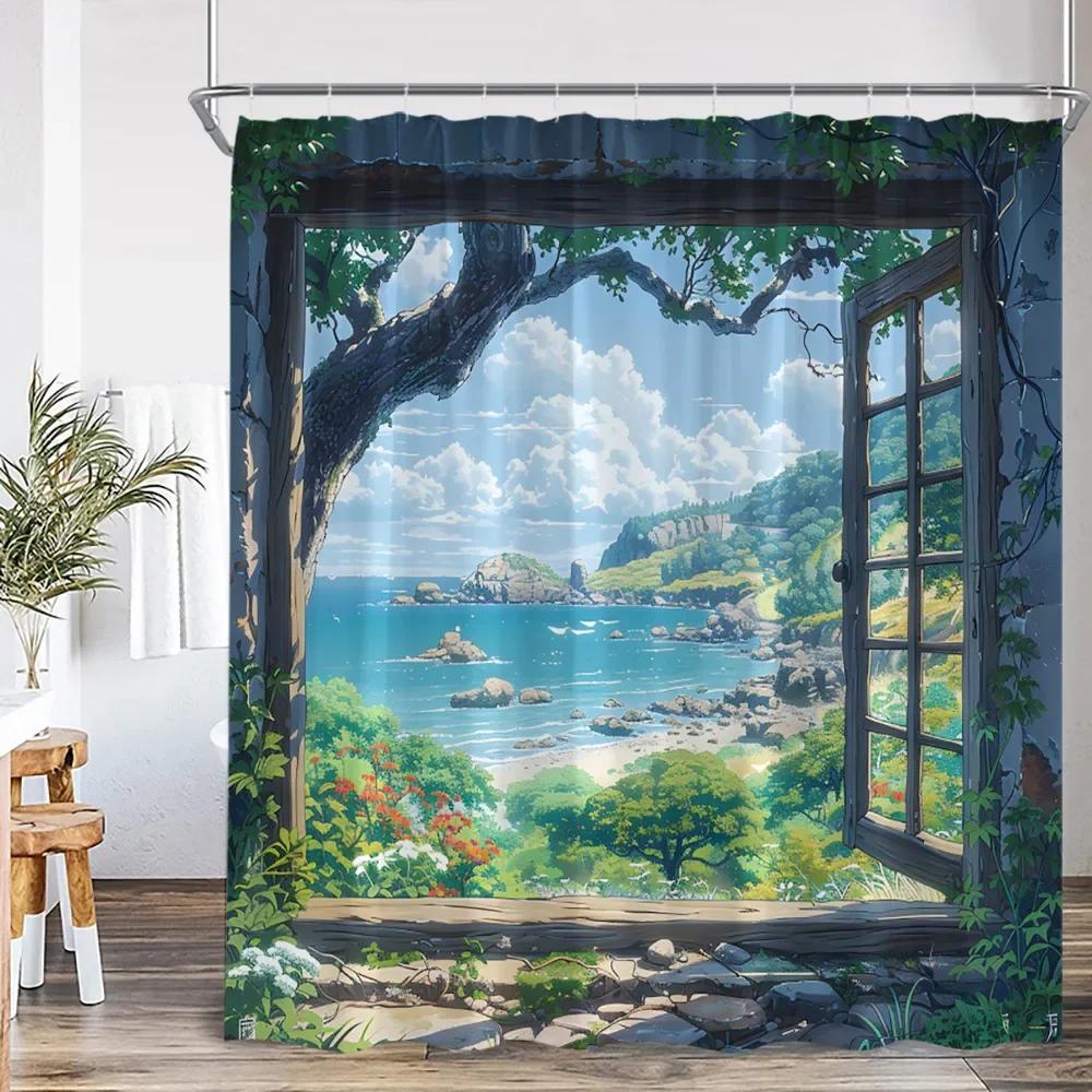 Beach Shower Curtain Seaside Landscape Outdoor Scenery Summer Vacation Bathroom Decor Holiday Polyester Bath Curtain with Hooks