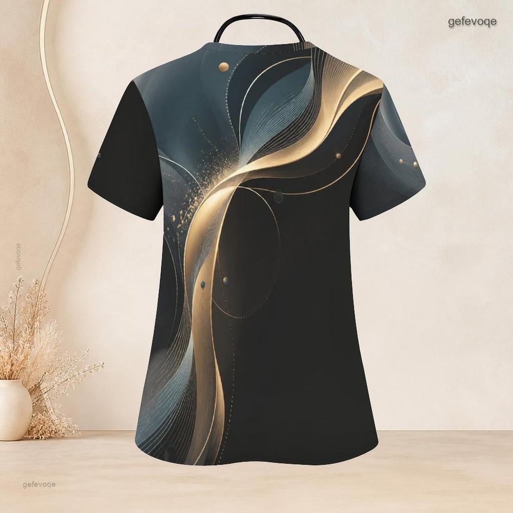 Women Plus Size Abstract Printed Nurse Scrub Top V Neck Short Sleeve Front Pockets Black Gray Yellow