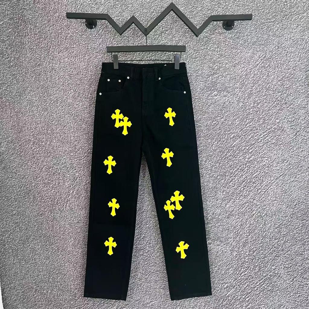 9911 CHROME HEARTS Pánské a dámské trendy džíny v americkém stylu s látkovými nášivkami, ležérní a módní high street kalhoty