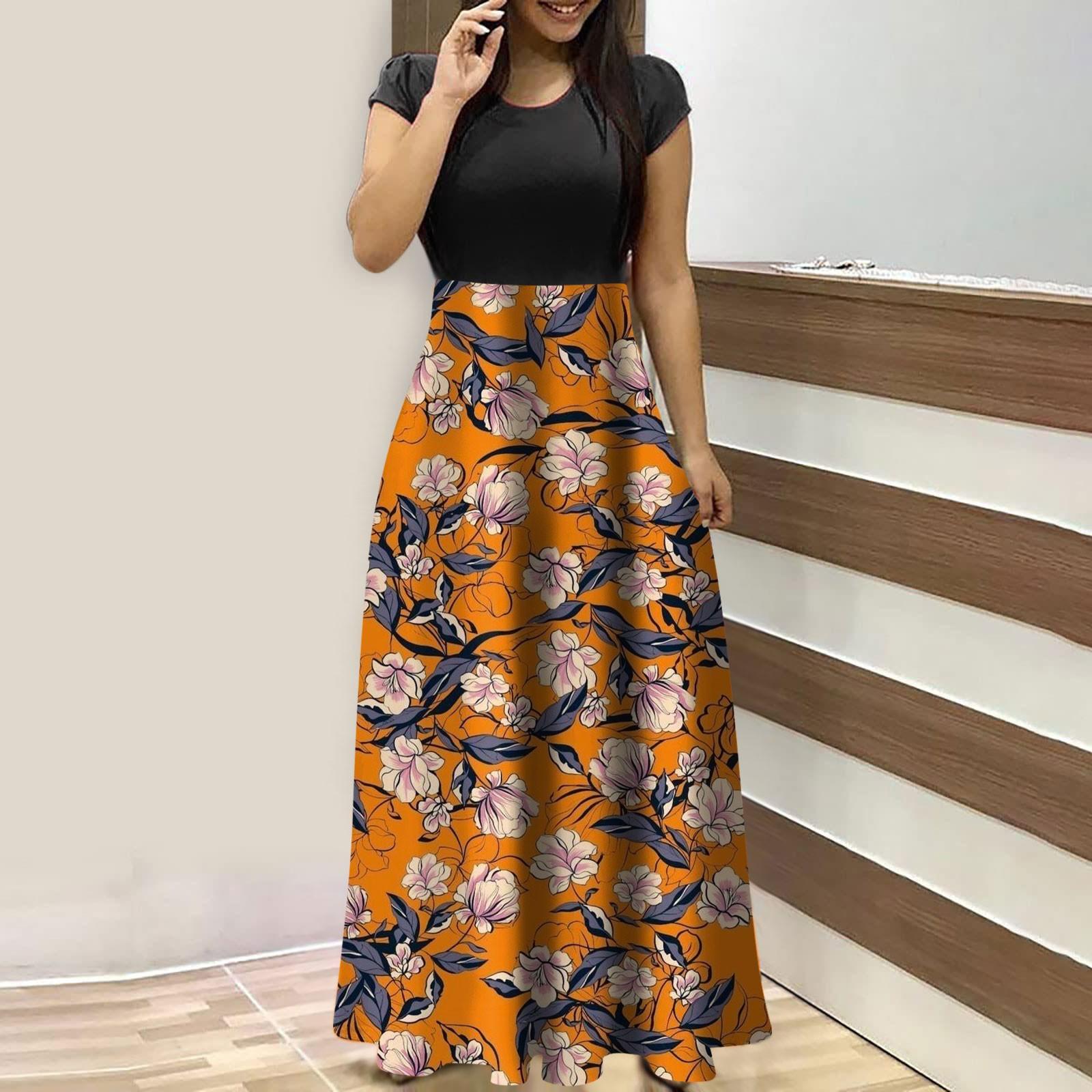 

Літні сукні для жінок 2023 року, модні повсякденні сукні з квітковим принтом, круглим вирізом і короткими рукавами, максі-сукні великого розміру M помаранчевий