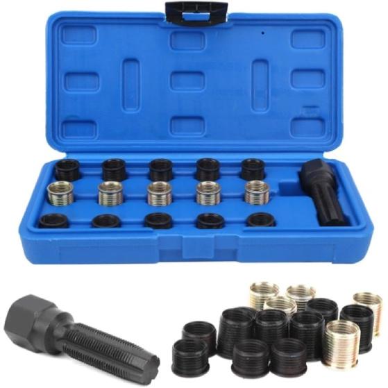 

M14x1.25 Spark Plug Thread Repair Kit with 15 Carbon Steel Tools Including Screw Tap and Portable Tool Box for Engine Maintenance