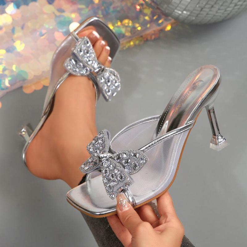 Fashion Brand Design Silver Mesh Strap Sandals Women 2025 Summer Glitter Bowknot Decoration Slippers Sexy High Heels Party Dress Shoes