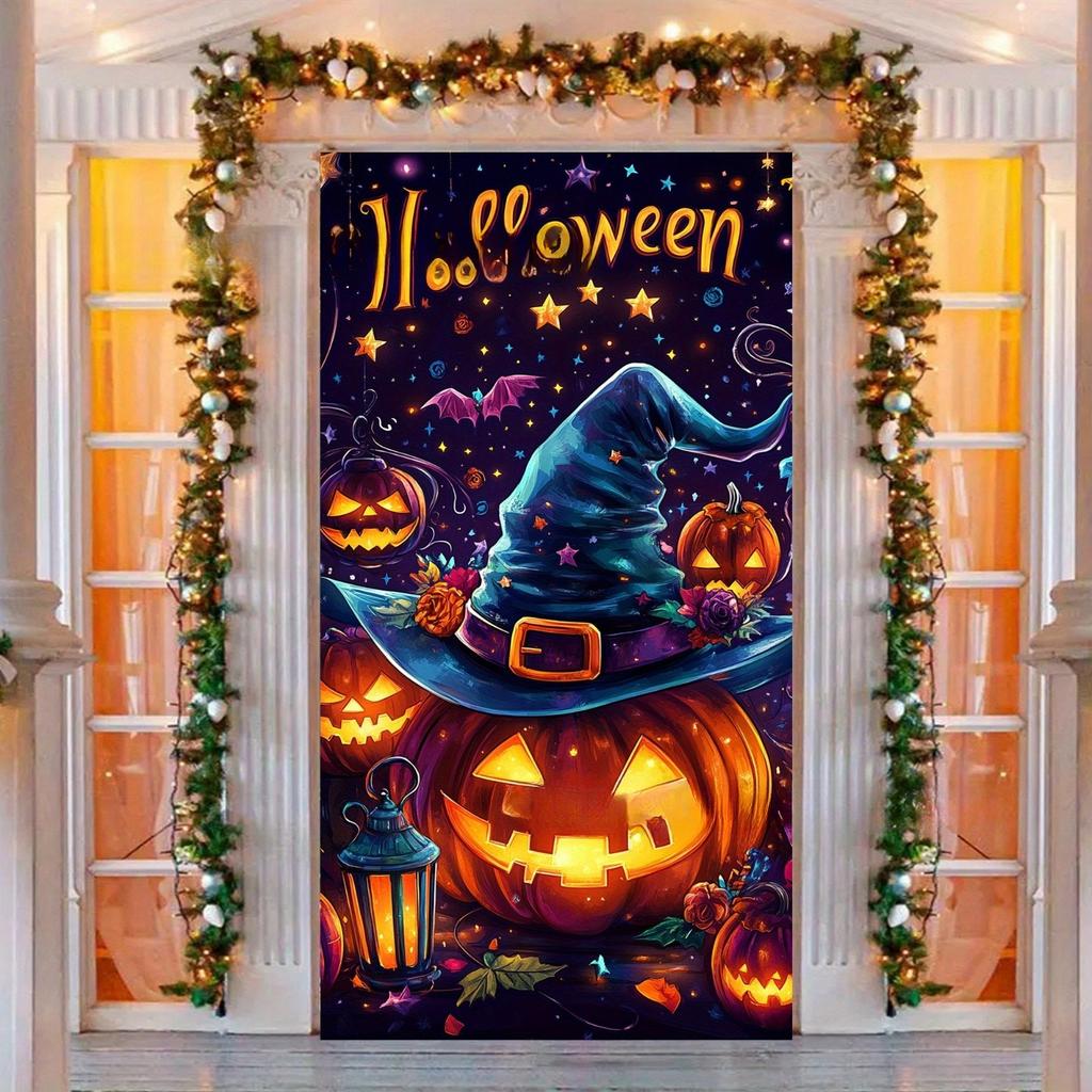 New Halloween door cover with cartoon pumpkin background cloth - high-end theme party decoration hanging cloth - custom order
