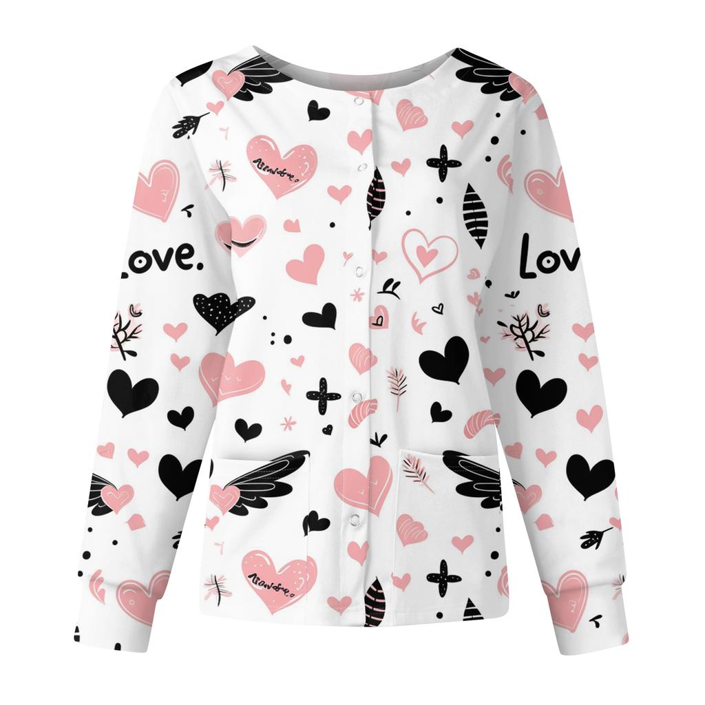 Women's Casual Fashion Long Sleeve Standing Collar Single Breasted Valentine's Day Print Workwear Jacket Tops