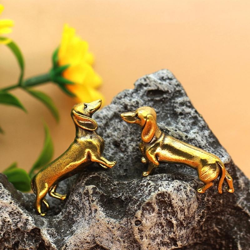 Pack of 2 Solid Brasses Gold Dachshund Miniature Figurine Decoration Animal Sculpture For Home Office Desktop Decors Gift