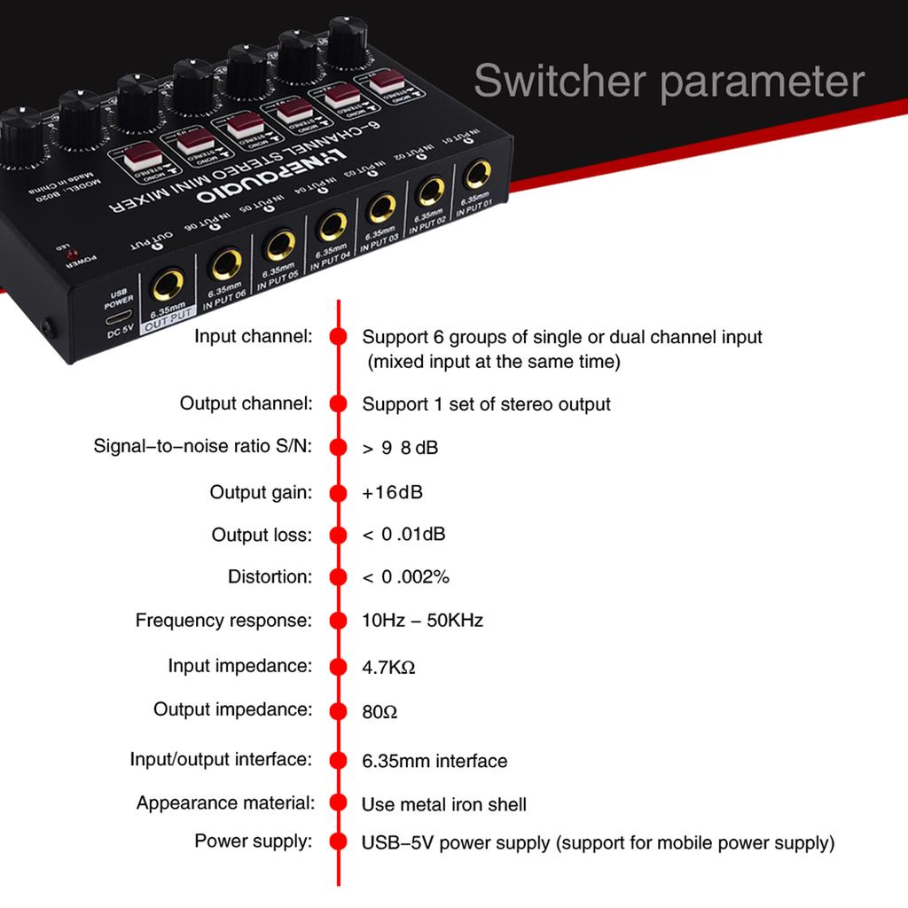 Mini 6-Channel Stereo Audio Mixer Musical Instrument Mixer Electric Wind/Electric Guitar/Electronic