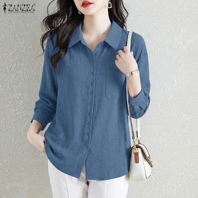 Women Casual Turn Down Collar 3/4 Sleeve Loose Blouse