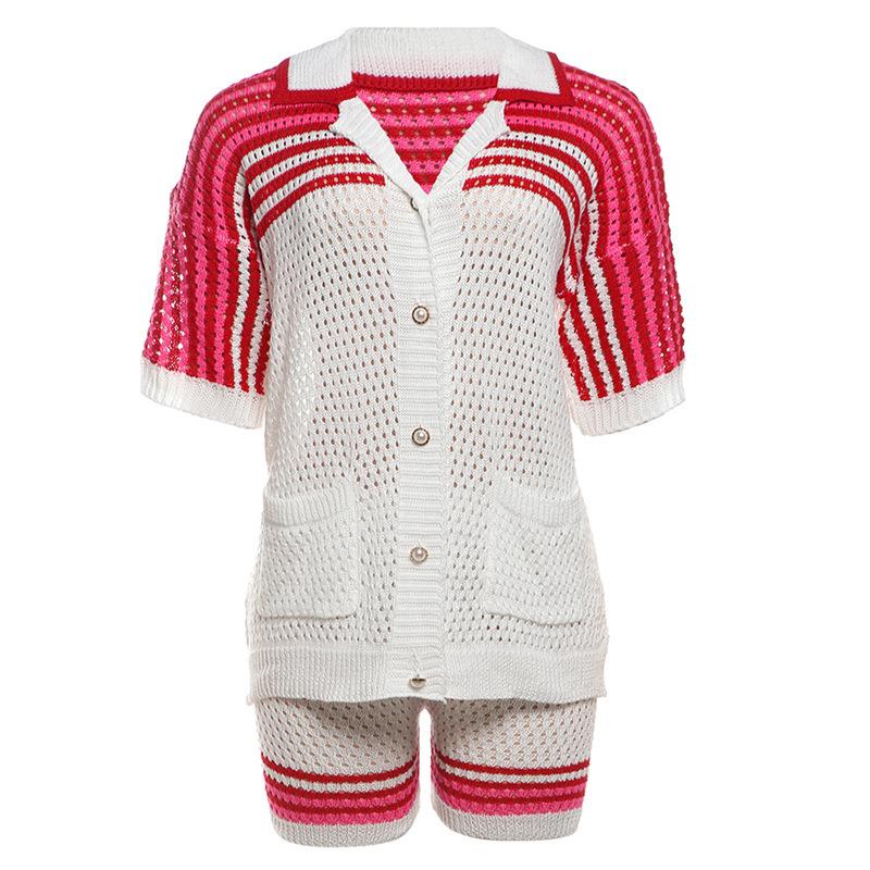 Sommer Damenmode Hohl Revers Top Hohe Taille Shorts Strick Casual Anzug