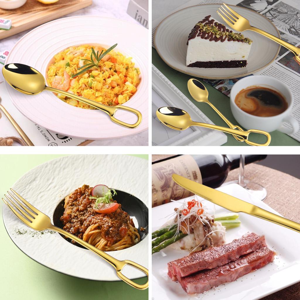 Cutlery 304 Stainless Steel Spoon Circular Ring Hotel Steak Knife Fork Spoon Titanium Plated European Style Hanging Hole Fork Tea Spoon