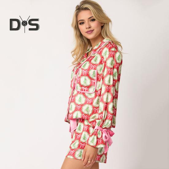 2 Pcs/Set Christms Pajamas Turn-down Collar Single-brasted Colorful Printing Bow Decor Cardigan Top Elastic Waist Shorts Sleepwear Santa Loungewear