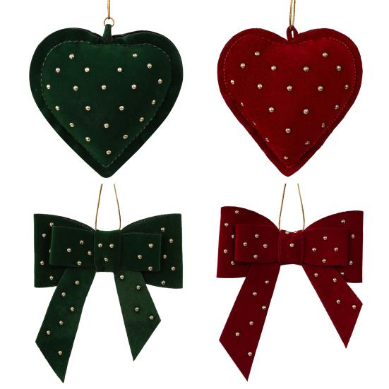 Velvet Christmas Tree Ornaments Rhinestones Heart Bow Shape Hanging Decor for Xmas Tree Window
