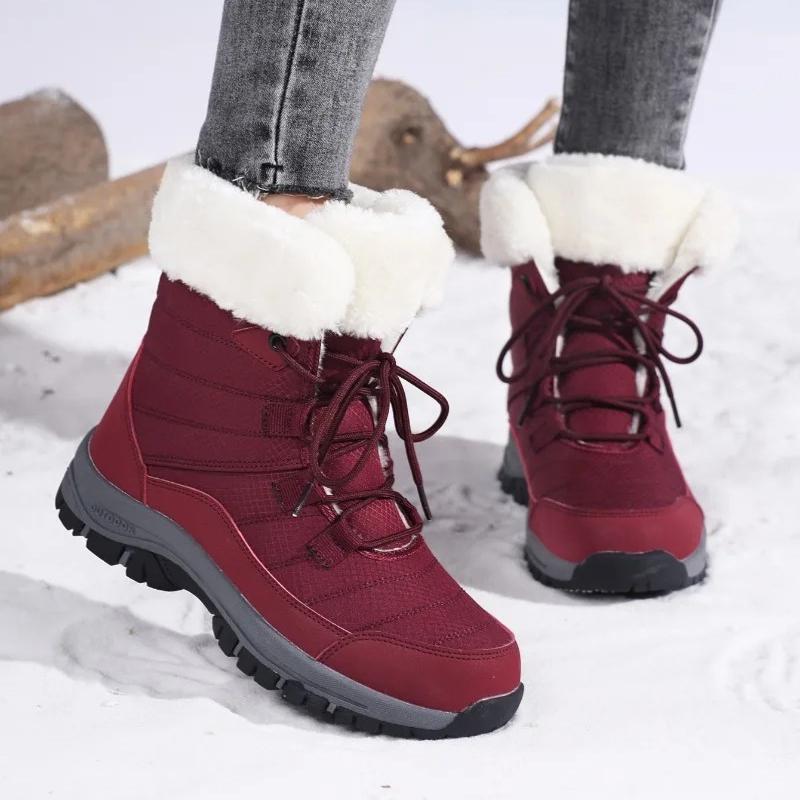 Women Winter Snow Boots Plush Lace Up Mid Calf Boots Thick Sole Warm Cotton Shoes Outdoor Hiking Sneakers Non Slip