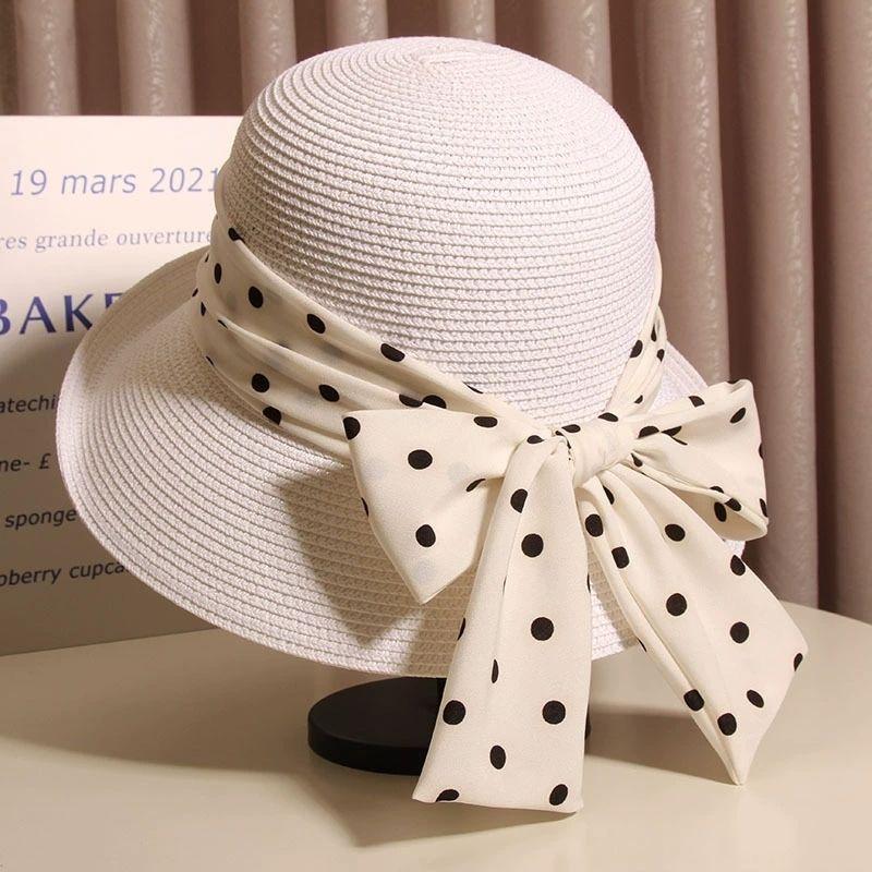 Polka Dot Straw Sun Hat Bowknot Wide Brim Casual Sun Protection Hats Stylish Breathable Foldable Beach Hat for Women