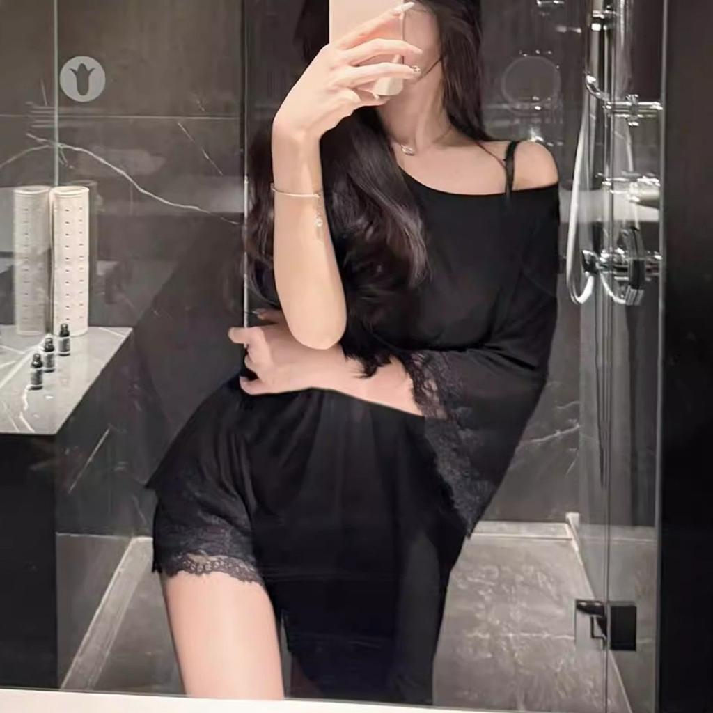 Einfache einfarbige Modal-Pyjamas mit Brustpolstern für Damen, Sommer, kurzärmelig, mit Shorts, süße Spitze, vielseitige Loungewear