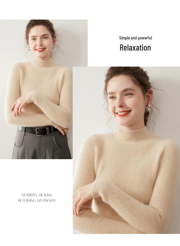 Women's Slim Fit Cashmere Pullover - Half-High Neck Sweater for Autumn and Winter