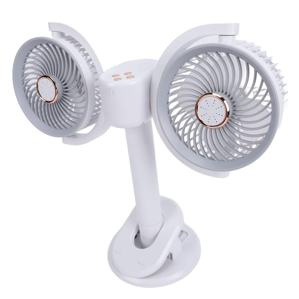 Double Head Clip On Fan Rechargeable Dual Brushless Motor 360 degrees Rotation Desk Cooling Fan with LED Light
