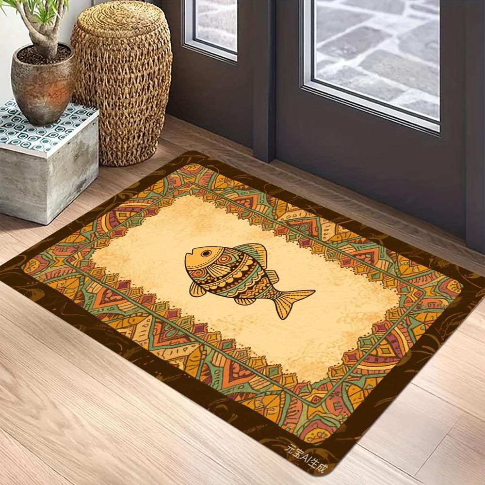 Retro Bohemian Fish Print Floor Mat Welcome Mat Saltfish Print Entrance Floor Mat Bathroom Entrance Anti-slip Mat Kitchen Carpet 40x60cm