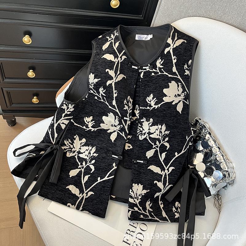 

2025 ранняя весна за городом Гусу, темперамент нового продукта, ретро и передовое чувство, нефритовая пуговица, планка и жилет с цветами XL [Recommended 112-62.5kg] чёрный