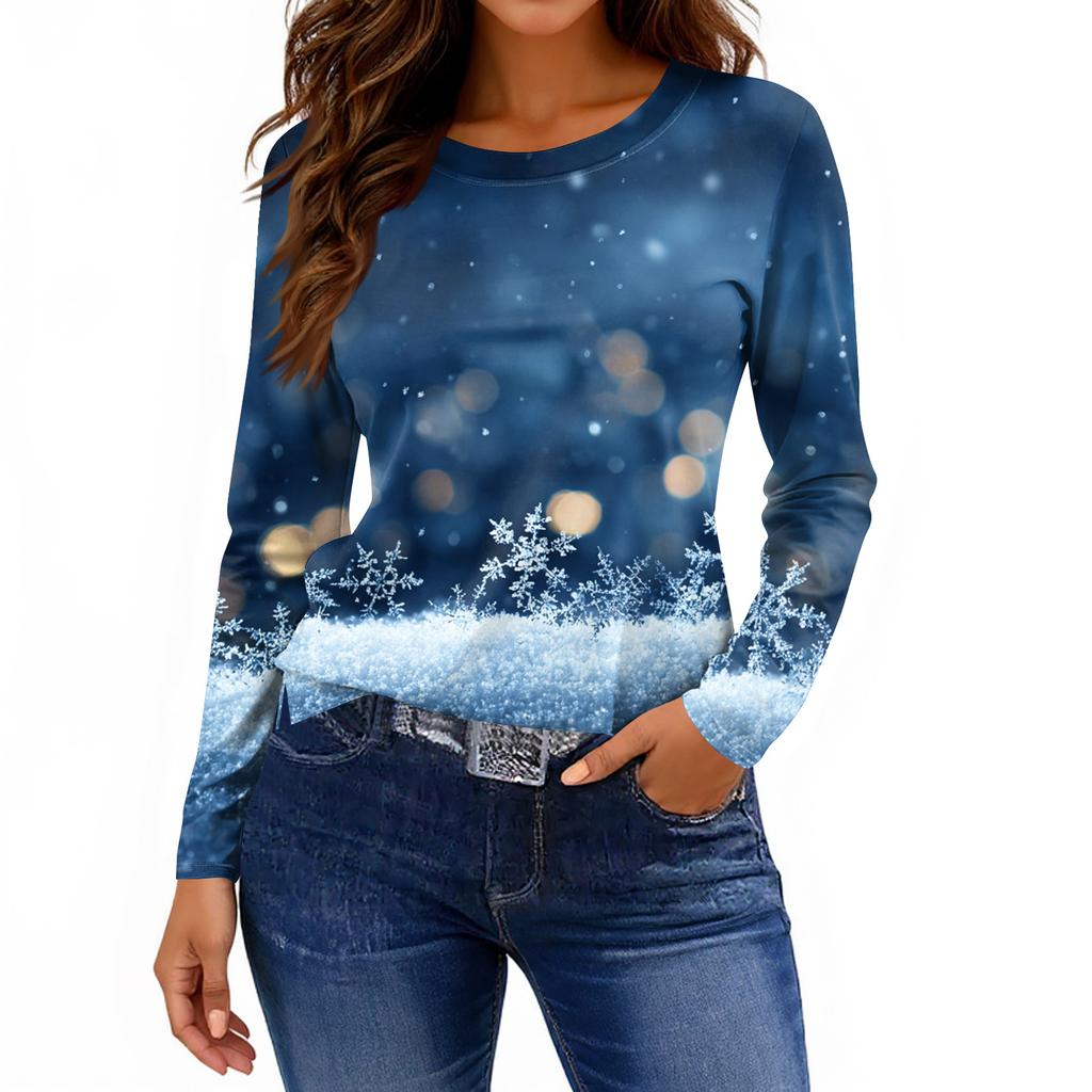 Жіноча модна повсякденна футболка з розрізом і круглим вирізом з довгим рукавом і принтом.