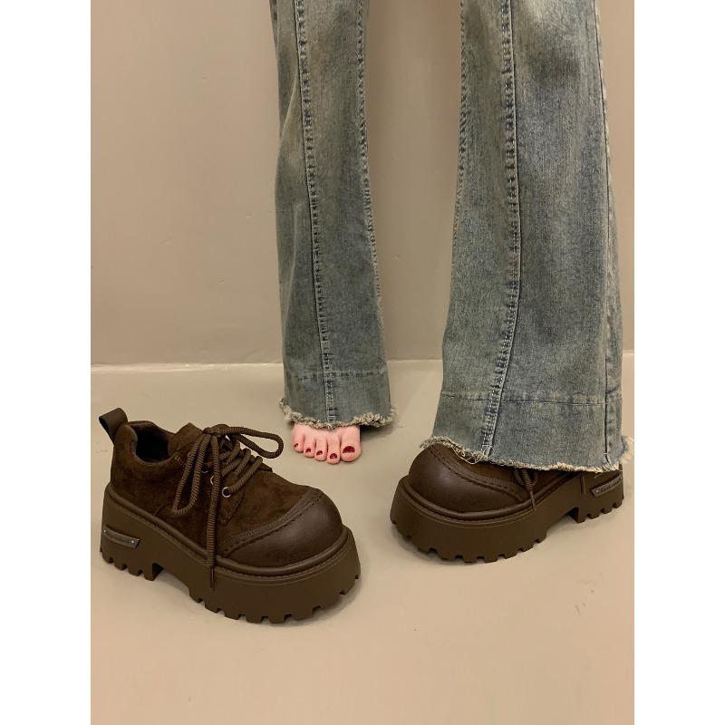 Height-increasing Platform Single Shoes Women's Autumn and Winter Velvet 2 New Big Head Lace-up British Small Leather Shoes