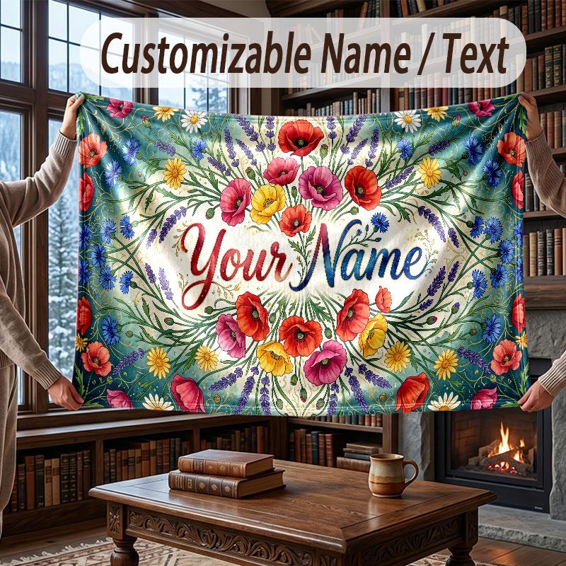 Floral Garden Theme Throw Blanket Custom Name Text Personalized Blanket Soft Cozy Blanket for Home Sofa Bed