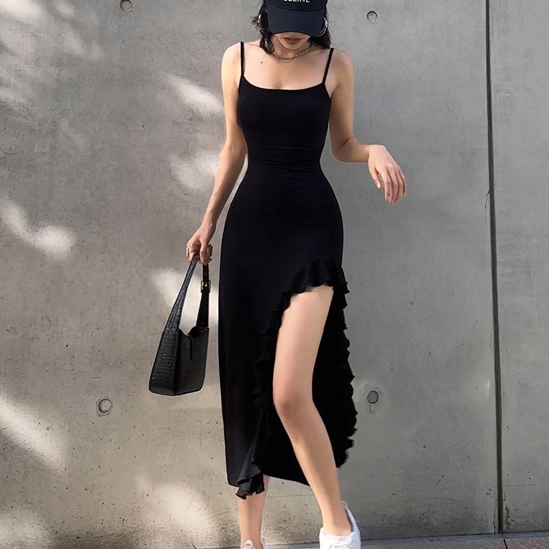 

Summer Fashion-Style Split Dress Women s Backless Long Bandeau Slim-Fit Tight Braces Hip Lotus Leaf Dress Black S