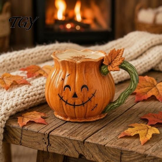 Pumpkin Coffee Mug Smiling Face with Vine Handle And Leaf Design, Resin Spooky Holiday Gift Cup, Creative Water Cup for Halloween Home