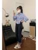Korean Embroidered Striped Blue Shirt for Women - Spring/Autumn 2026 New Design