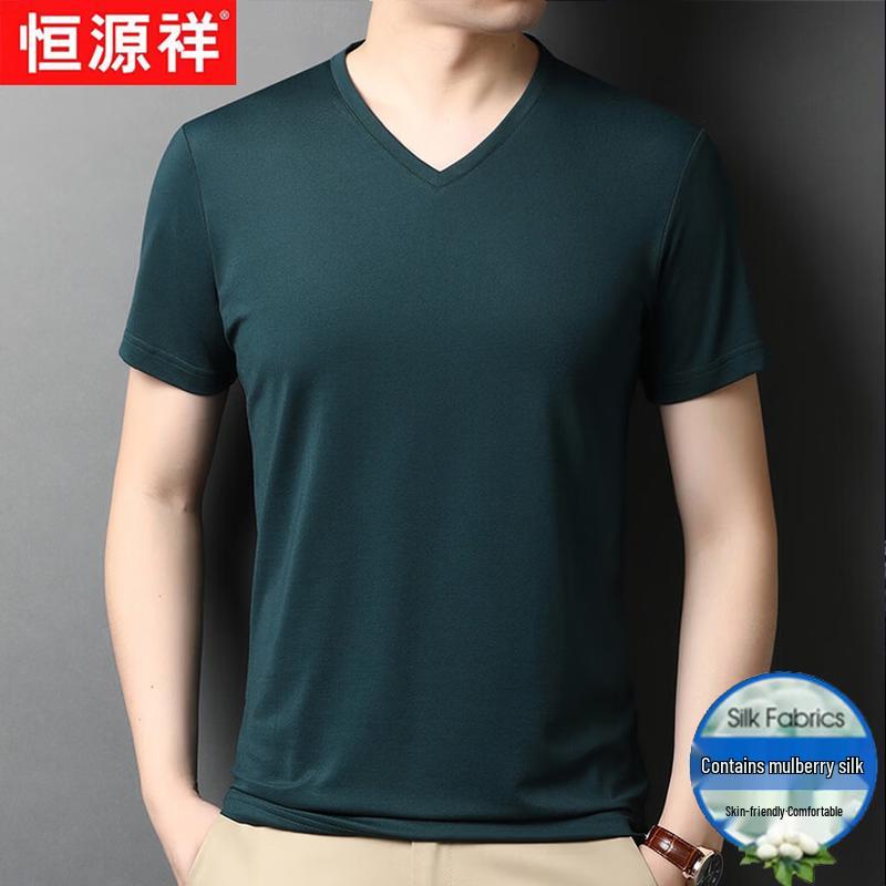 Hengyuanxiang Men s Silk Blend V-Neck Short Sleeve T-Shirt 54
