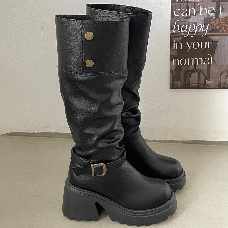 Fashion Winter Punk Style Woman Platform Knight Boots Fashion Belt Buckle Shoes Ladies Concise Height Increase Long Booties