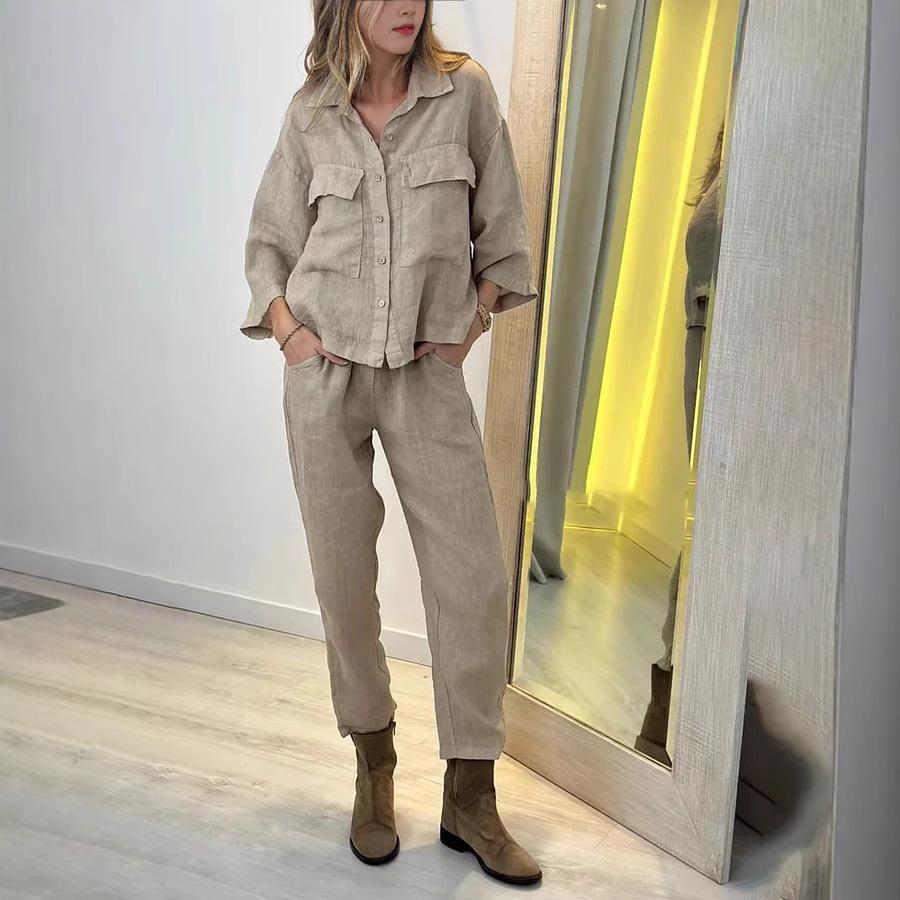 Summer New Women's Two-piece Shirt Set High-waisted Loose Nine-inch Pants