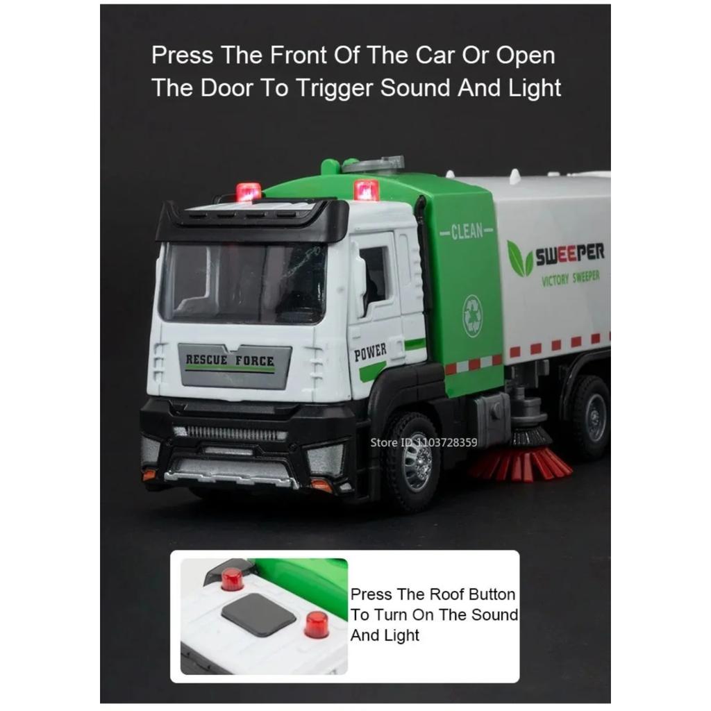 1/32 City Sweeper Model Toy Car Metal Diecast Sanitation Garbage Trucks Sound Light Pull Back Engineering for Kids Edutainment