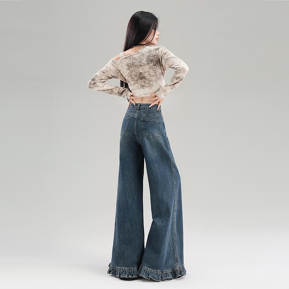 Super fire French fungus lace wide-leg jeans women's autumn new elastic loose flare pants